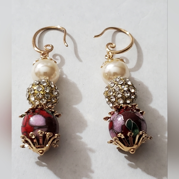 Antique Miriam Haskell Frank Hess cloisonne pave disco ball pearl earrings vtg - Picture 10 of 16